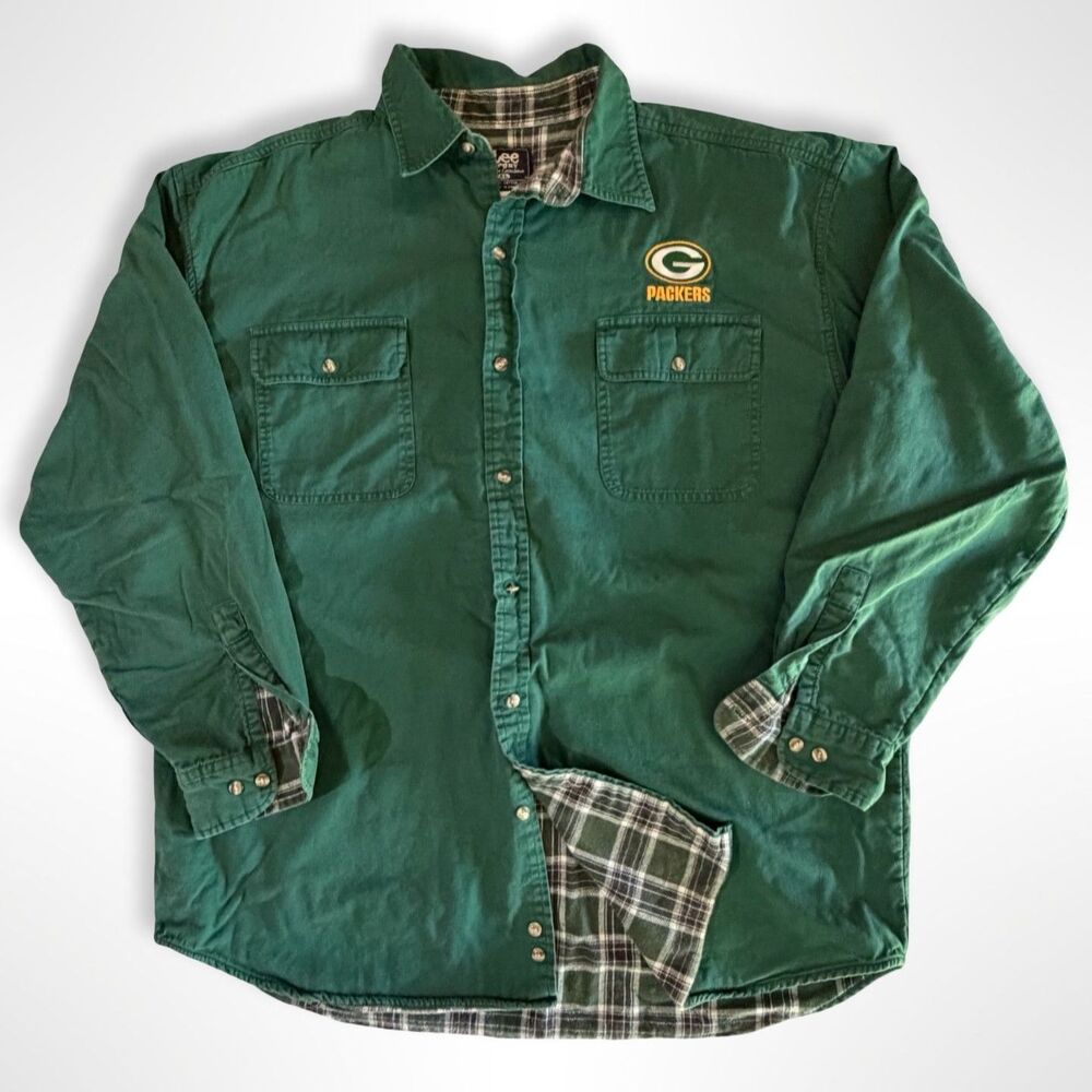 VTG 90s Lee Sports, Packers Men's Flannel Lined Green Button Shirt, XL NFL
